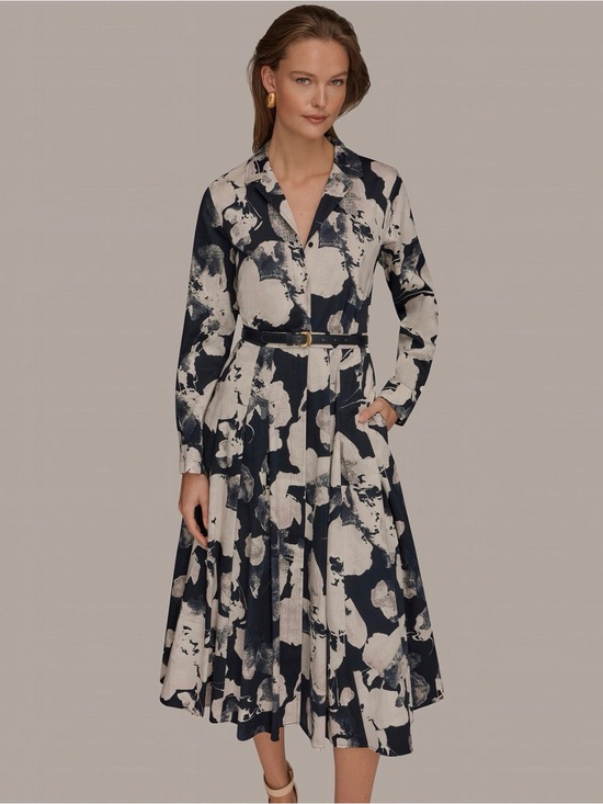 Donna Karan Dresses & Skirts - Donna Karan Women Long-Sleeve Collared Belted Dress. Size 10. Nightfall Multi